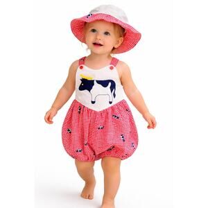 1990s–Y2K Nannette Cow Print Gingham Romper Hat Set 24M